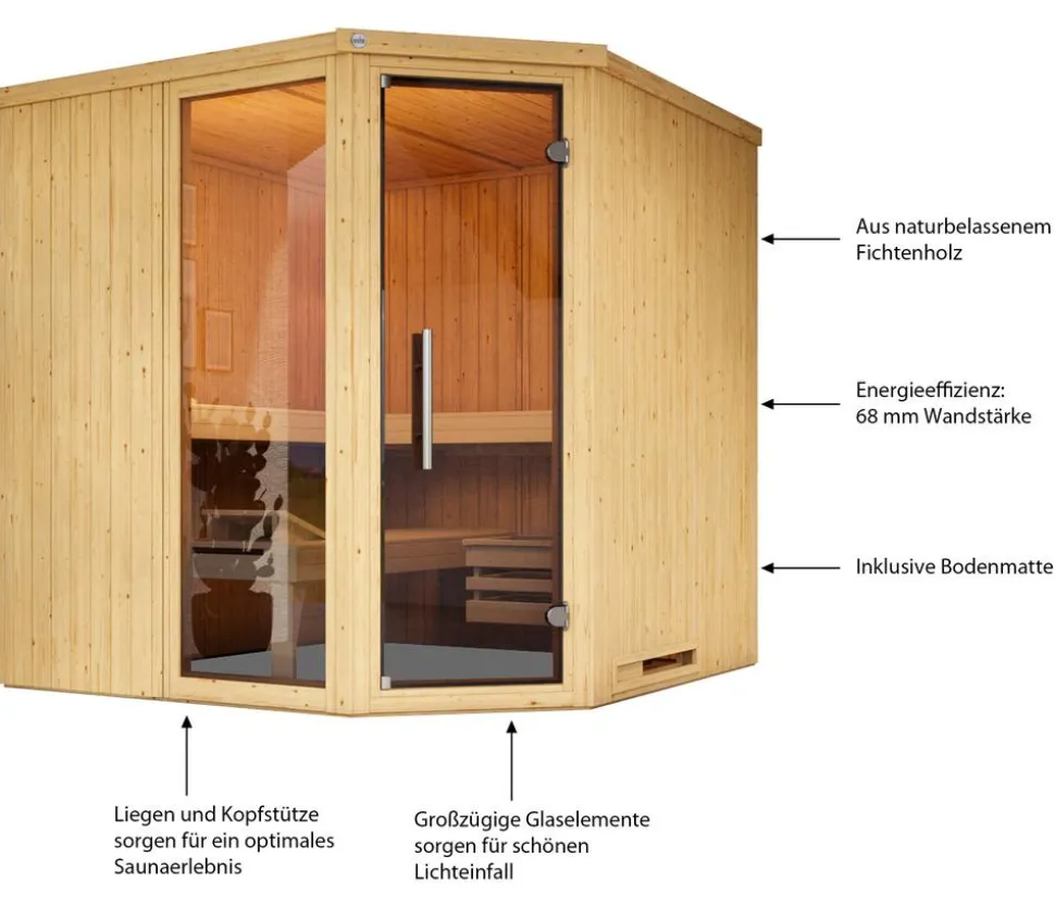 Weka Ecksauna Varberg mit Glastür und Fenster