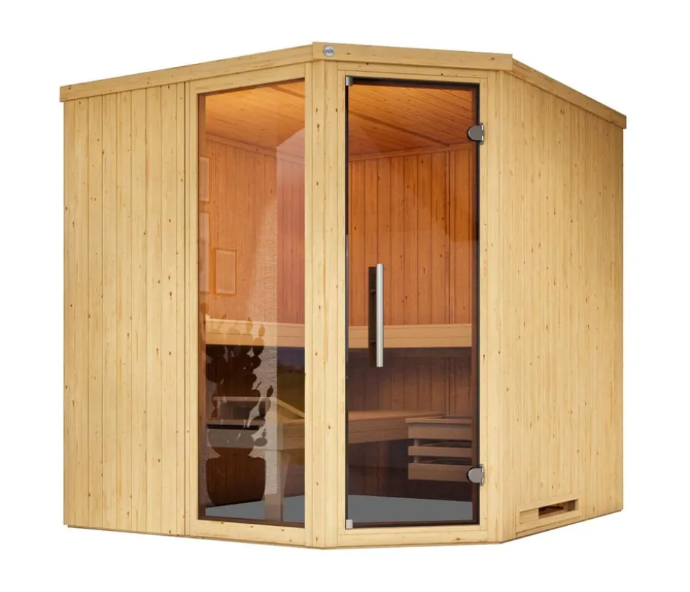 Weka Ecksauna Varberg mit Glastür und Fenster