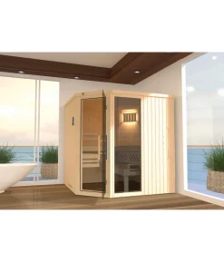 Weka Ecksauna Varberg mit Glastür und Fenster