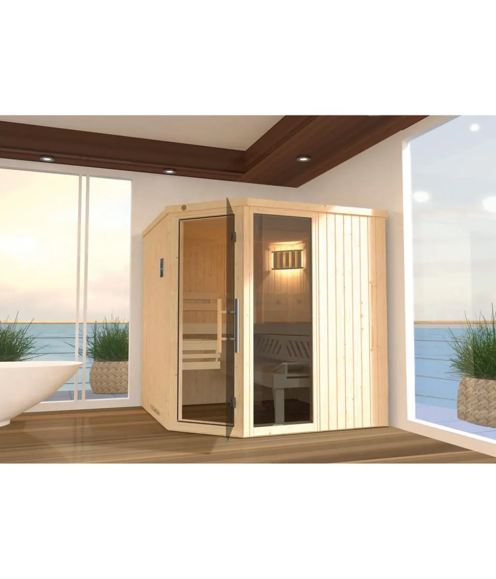 Weka Ecksauna Varberg mit Glastür und Fenster