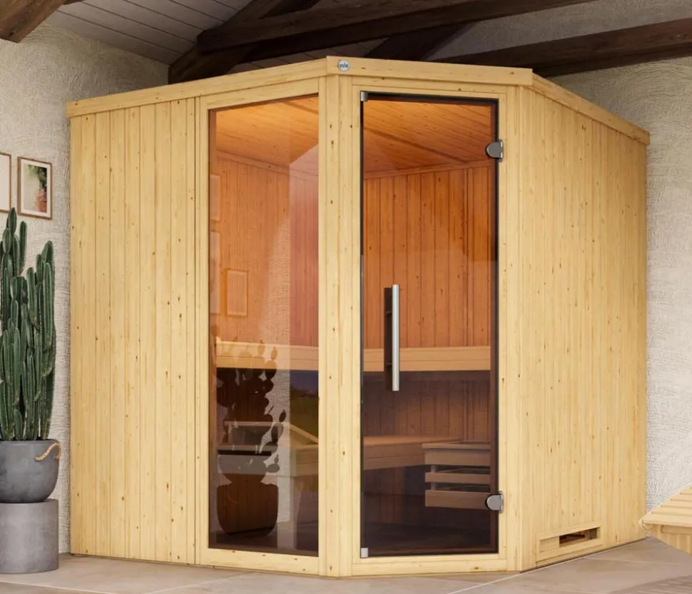 Weka Ecksauna Varberg mit Glastür und Fenster
