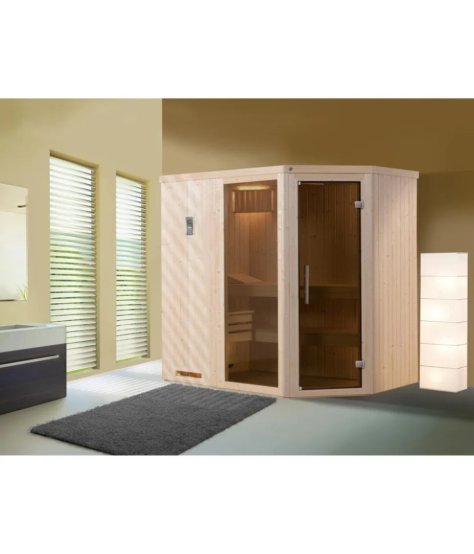 Weka Ecksauna Varberg mit Glastür und Fenster