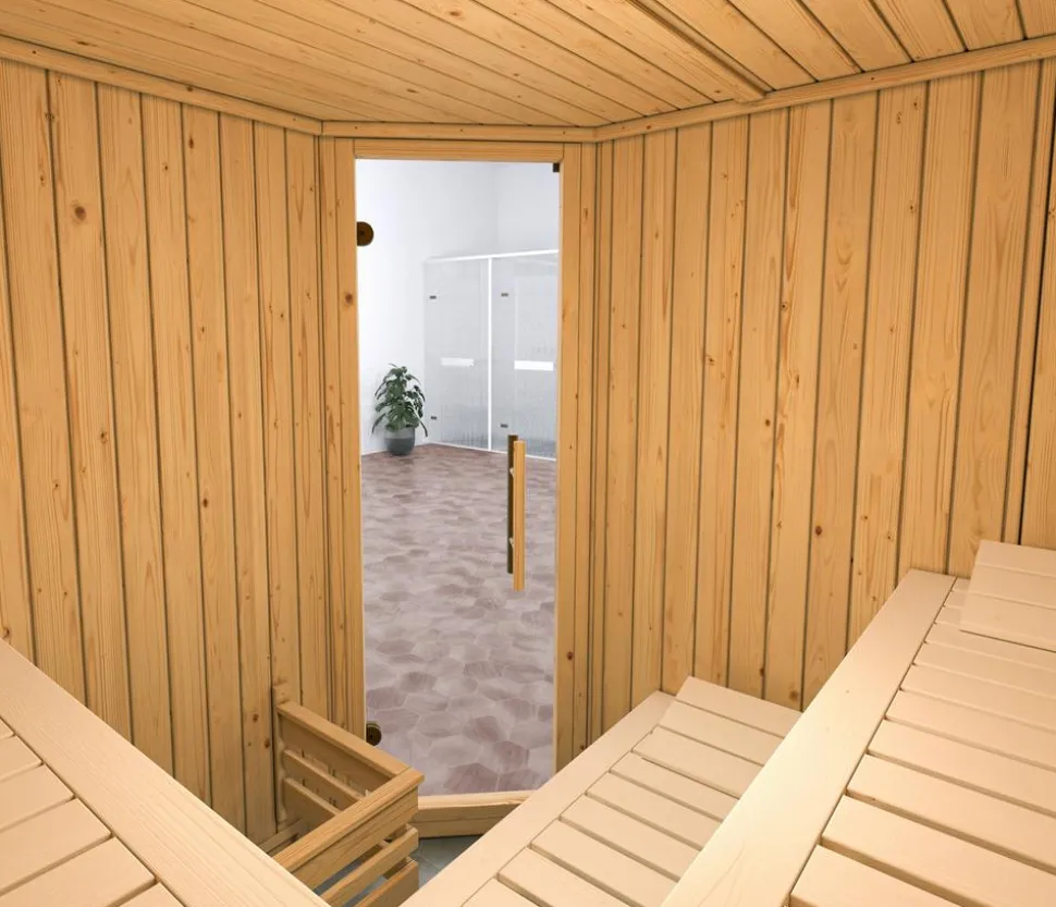 Weka Ecksauna Varberg mit Glastür