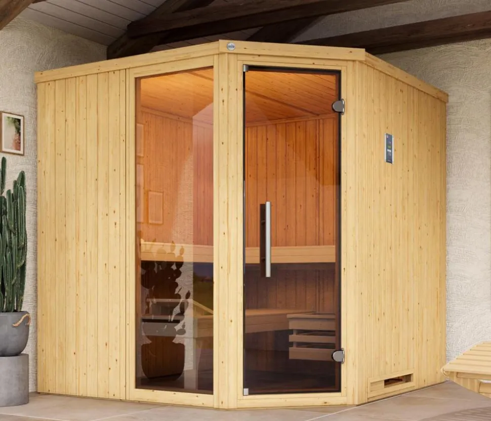 Weka Ecksauna Varberg mit Glastür und Fenster inkl. Ofen, ca. B194/H199/T194 cm