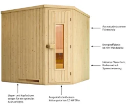 Weka Ecksauna Varberg mit Holztür inkl. Ofen, ca. B194/H199/T194 cm