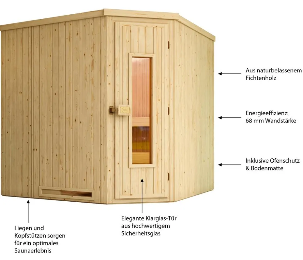 Weka Ecksauna Varberg mit Holztür, ca. B194/H199/T194 cm