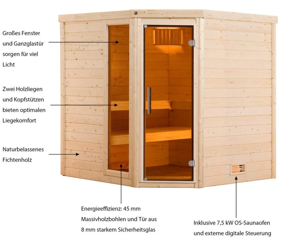 Weka Sauna Turku mit Glastür und Fenster inkl. Ofen, ca. B195/H205/T178 cm