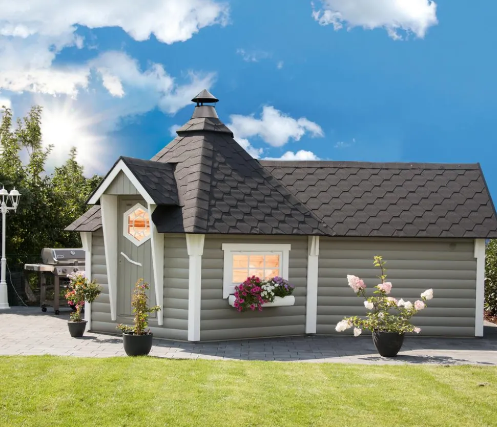 Wolff Finnhaus Gartenhaus Grillkota 9 de luxe B, inkl. Saunaanbau, ca. B426/H364/T624 cm